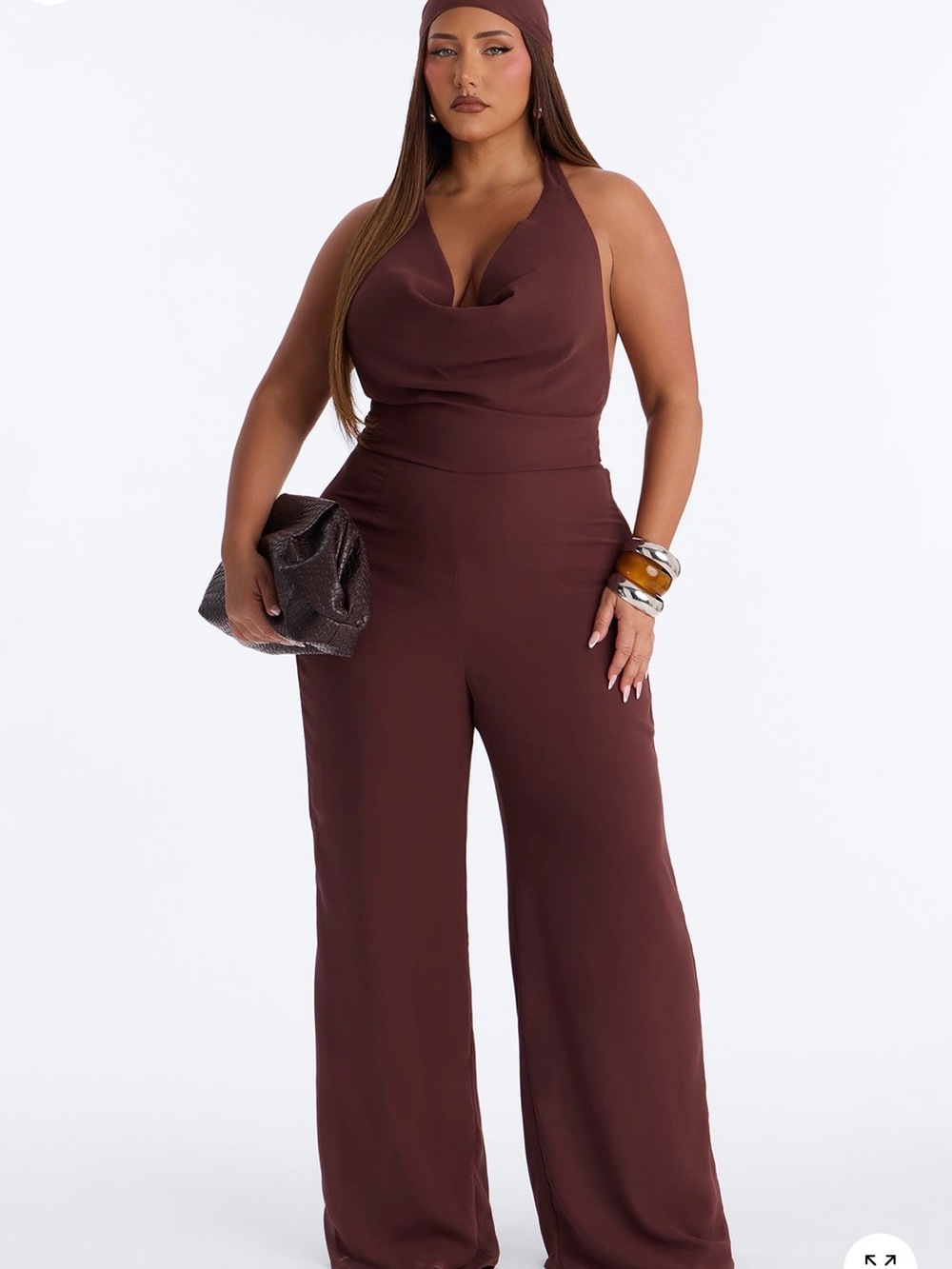 Fashion Nova Chocolate Brown Halter Wide-Leg Jumpsuit with Headband